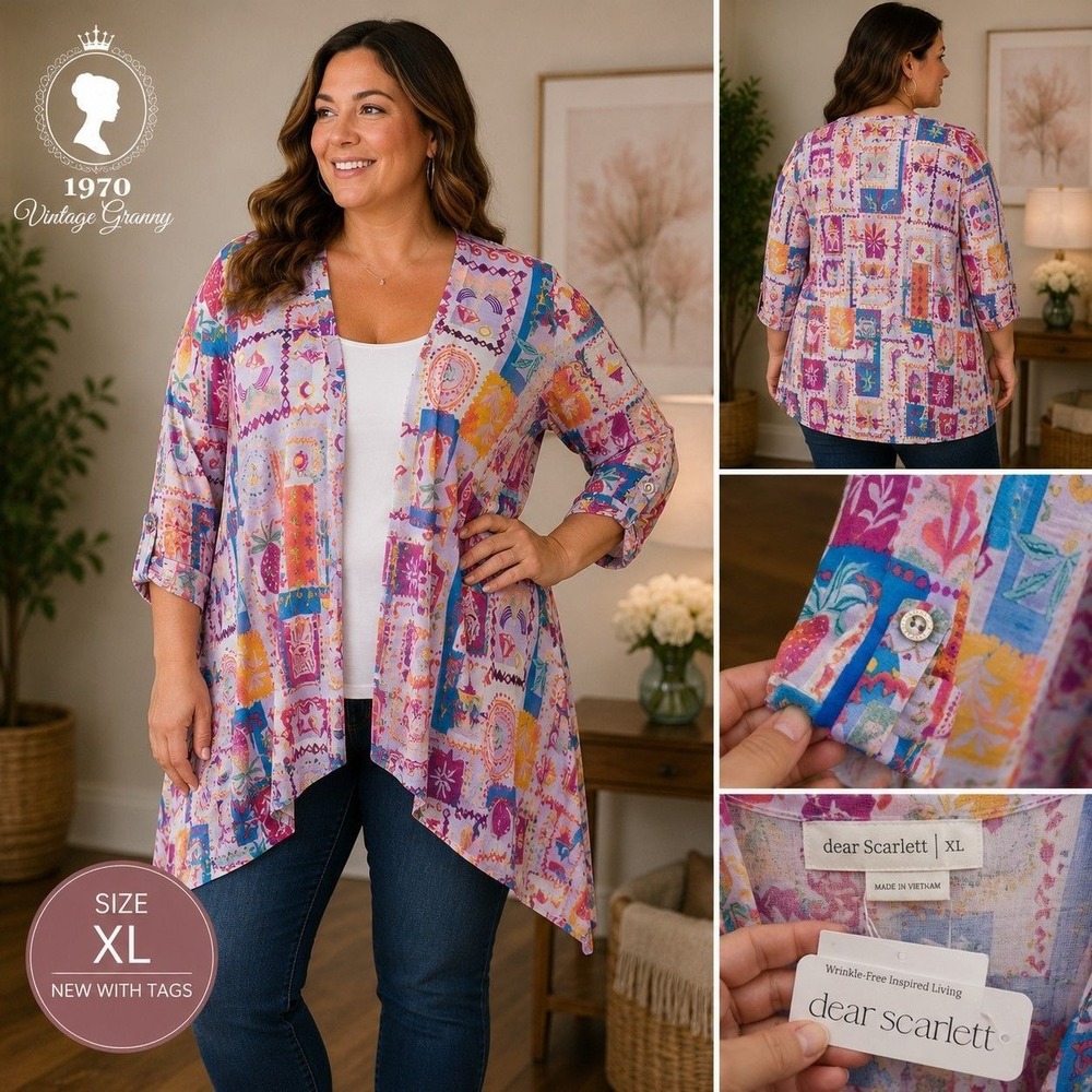 Dear Scarlett Bulgari Cardigan Womens XL Pink Multi Open Front 3/4 Tab Sleeve